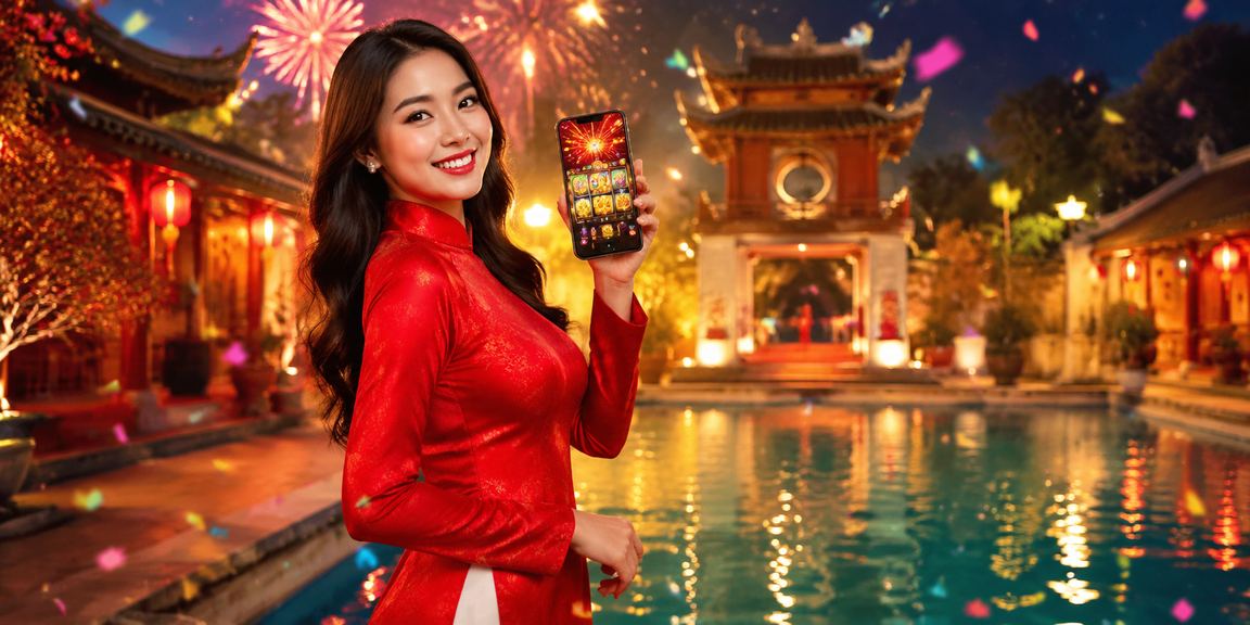 Người phụ nữ mặc áo dài tại Hà Nội chơi slot game trên điện thoại trong không gian hiện đại