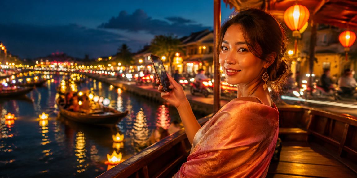 Chợ đêm Hội An – không khí đăng ký nhận thưởng chào mừng trên điện thoại