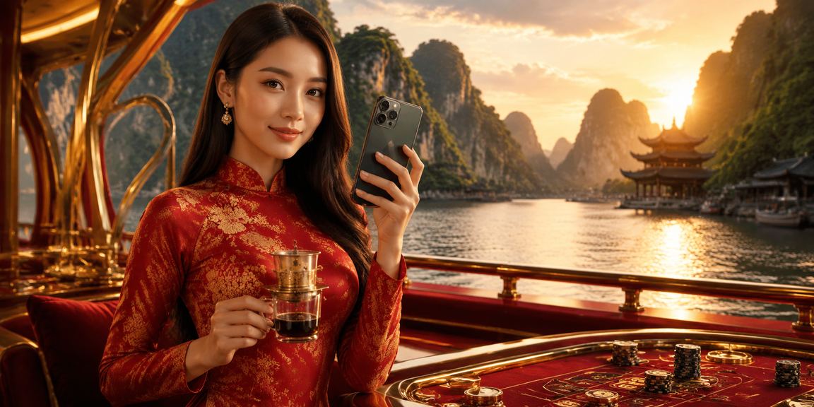 Người phụ nữ mặc áo dài tại Ninh Bình trải nghiệm baccarat trên điện thoại di động